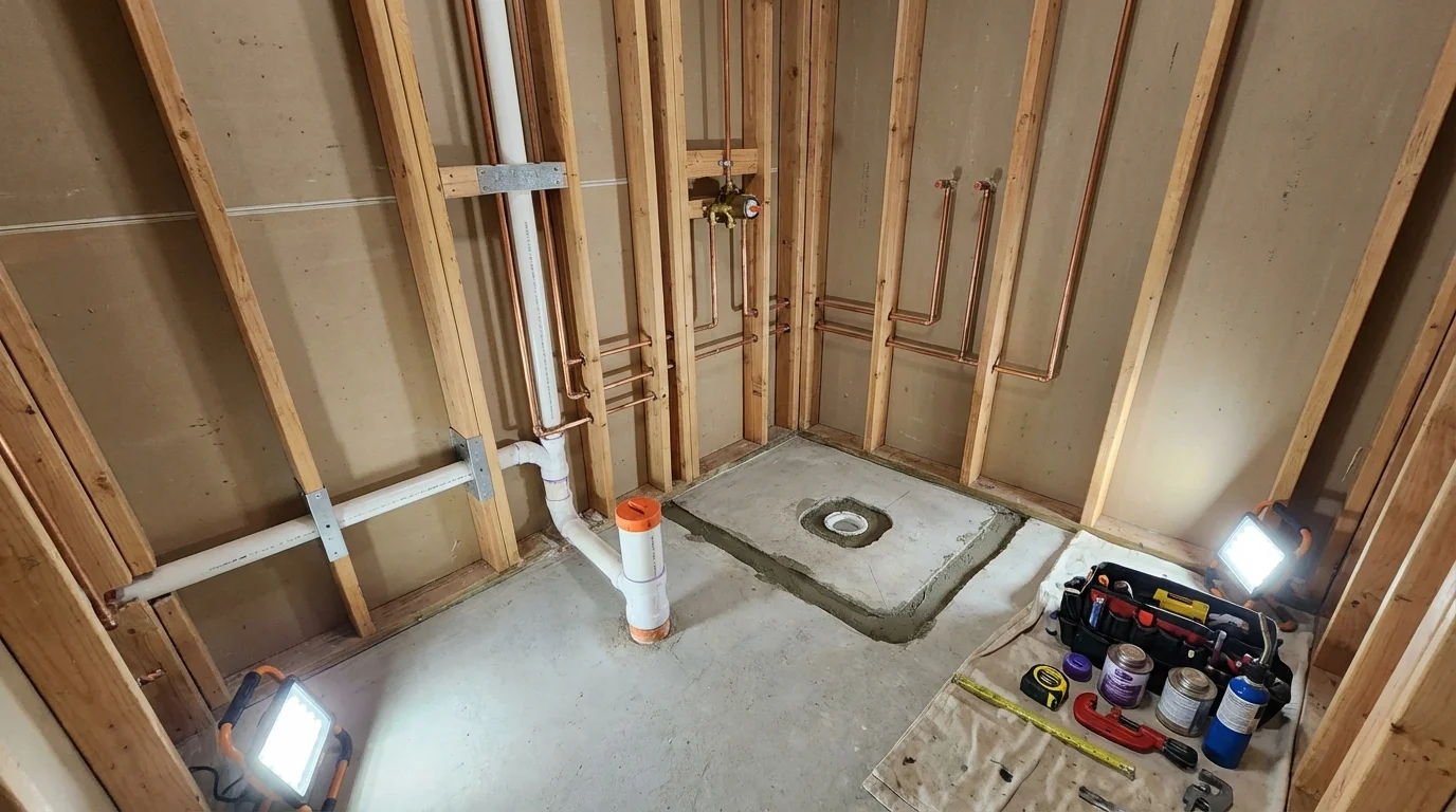 Bathroom rough-in plumbing during remodel by Johns Plumbing LLC in Sandy Hook